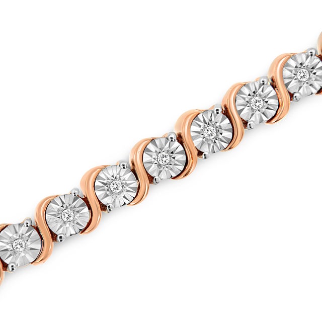 Contemporary 14K Rose Gold Plated .925 Sterling Silver 1/4 Cttw Diamond Round Miracle Plate and "S" Link Tennis Bracelet (I-J Color, I2- I3 Clarity) - 7" For Sale - Image 3 of 7