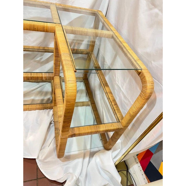 1970's Bielecky Brothers Wrapped Rattan and Glass Waterfall Corner Etagere For Sale - Image 10 of 14