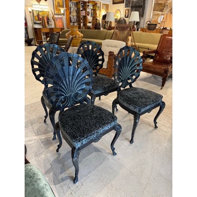 Set of 4 Vintage Iron Grotto Shell Back Chairs — Newly Reupholstered For Sale - Image 12 of 12