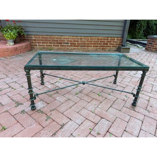 Glass Vintage Brutalist Faux Verdigris Finish Glass Top Coffee Table - Styled After Giacometti For Sale - Image 7 of 7