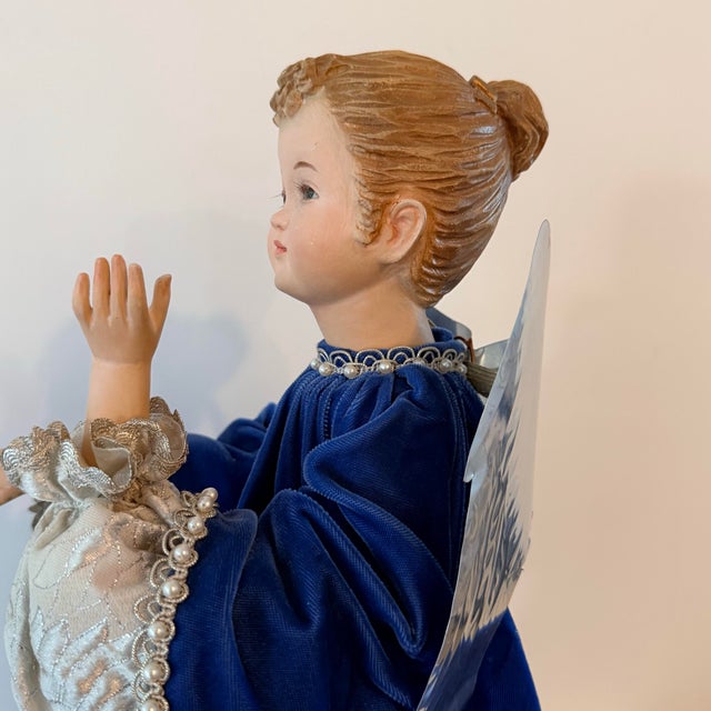 Victorian Large Vintage Victorian Style Christmas Angel Figurine in Royal Blue Velvet For Sale - Image 3 of 10