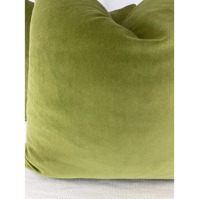 Custom pair of 22" pillows covered in Osborne & Little "Encore Velvet" in color 14, olive. These pillows have tapered...