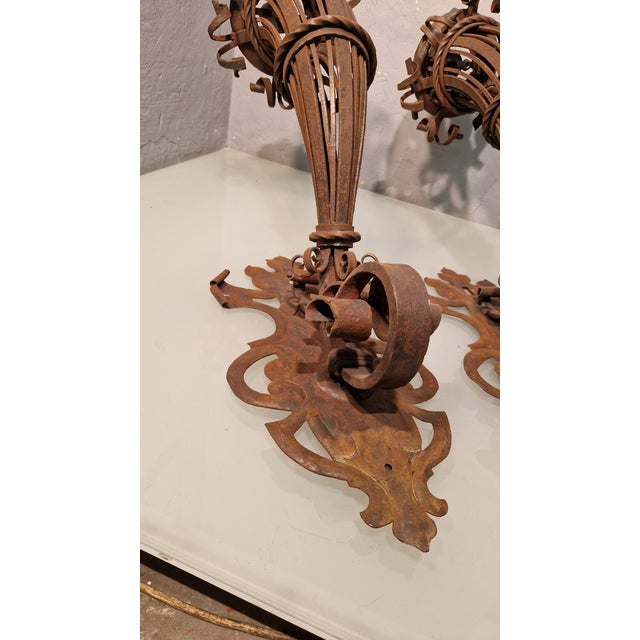 Large Wrought Iron Wall Lamps with Floral Motifs, 1920s, Set of 2 For Sale - Image 4 of 12