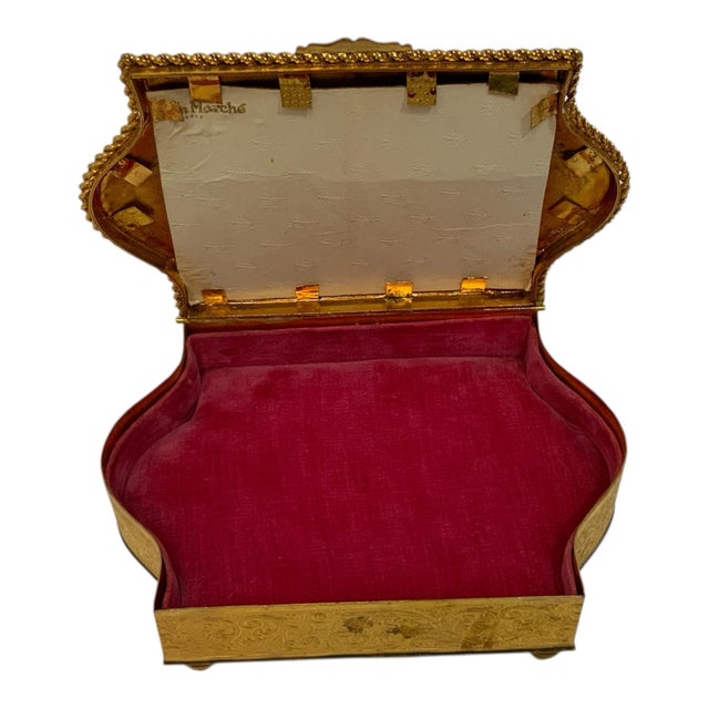Antique French Gilt Metal Rococo Revival Jewelry Casket with Hand Painted Portrait Miniature under Domed Glass. Made in...