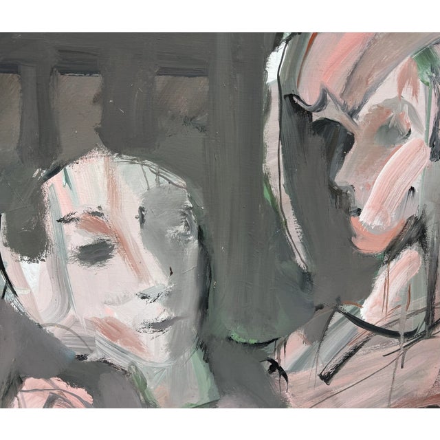Vintage abstract painting in acrylic of a man and woman in pinks/blush, grays and a hint of Kelly green. It’s probably...