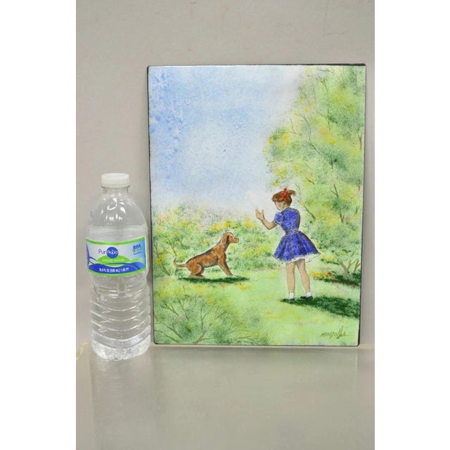 Dom Dominic Mingolla Enamel on Copper Painting Girl with Dog in Field 12 x 9. Item features enamel on copper painting,...