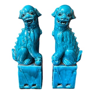 Pair of Antique Chinese Turquoise Pottery Foo Dogs Sculpture For Sale