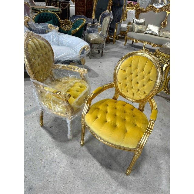 Baroque Baroque Golden Yellow Velvet Chair Set With Exquisite Gold Leaf Details For Sale - Image 3 of 6