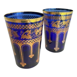 Vintage Cobalt Blue Gold Filagree Juice Glasses Set of 2