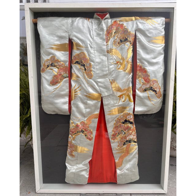 Mid 20th Century Framed Japanese Wedding Kimono With Silk Embroidered Decoration For Sale - Image 4 of 8