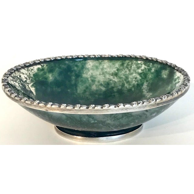 Exquisite Moss Agate Pedestal Bowl with Silver Mounts, Unmarked, Early 20th Century A refined and sculptural small...