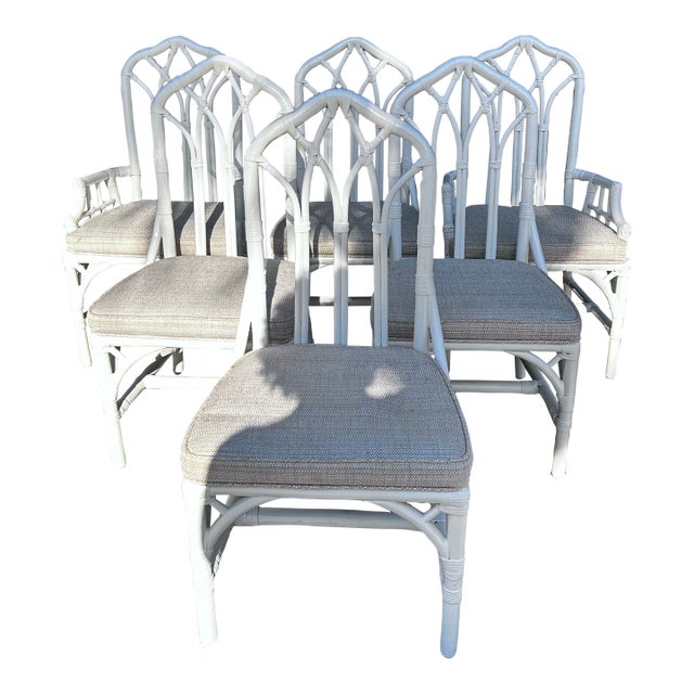 Set of 6 White Rattan Dining Chairs-Coastal Vintage Elegance For Sale