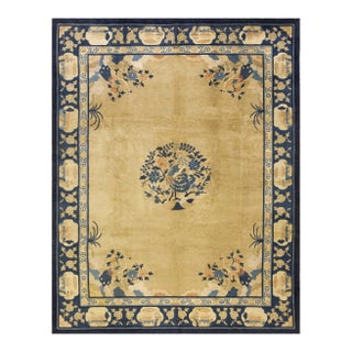 Antique 1920s Beige Field Deco Peacock Chinese Peking Knotted Rug 9' X 11' 6'' For Sale