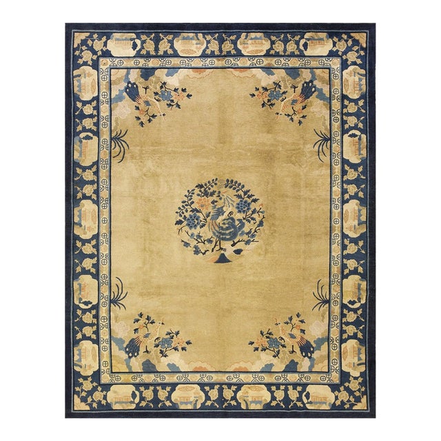 Antique 1920s Beige Field Deco Peacock Chinese Peking Knotted Rug 9' X 11' 6'' For Sale
