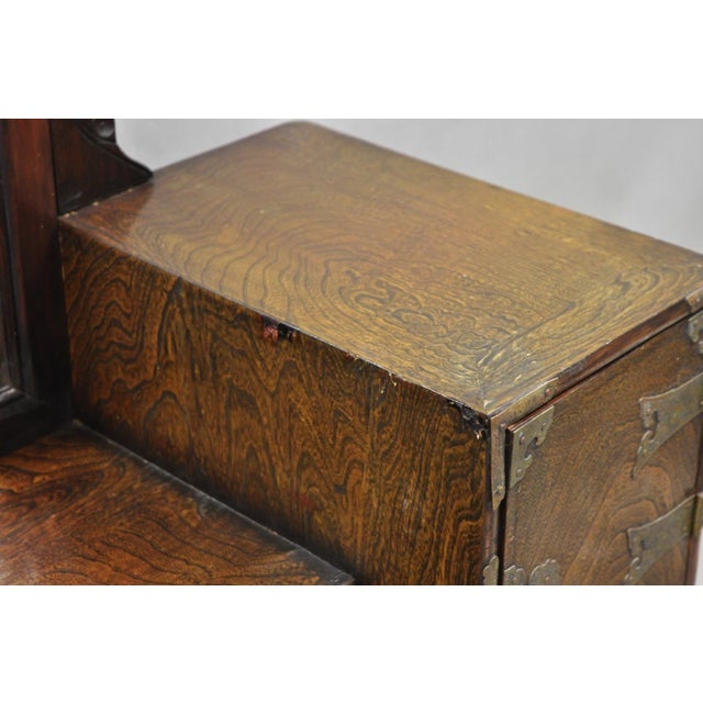 Antique Japanese Wood & Brass Small Low Kyodai Vanity Dressing Table With Mirror For Sale - Image 9 of 18