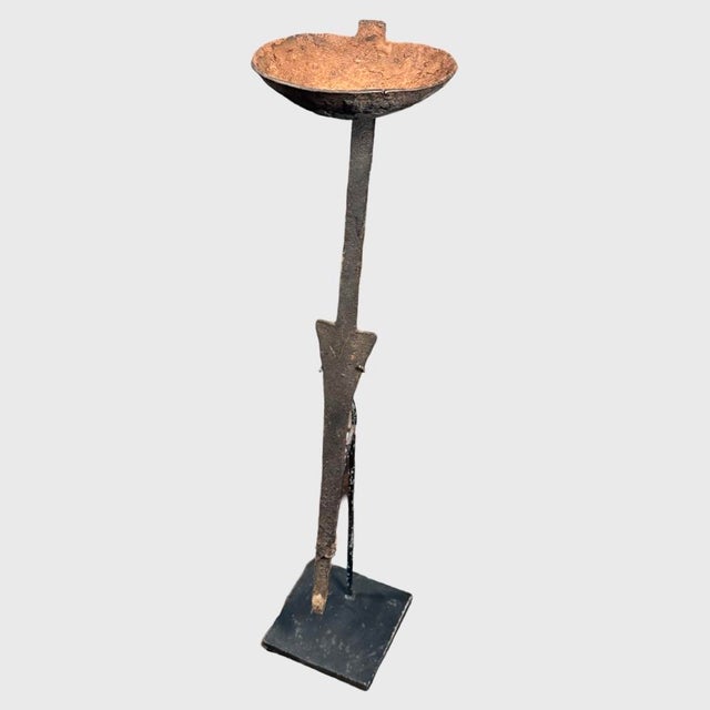 Antique Minimalist Hand Forged Iron Dogon Oil Lamp on Custom Stand For Sale - Image 4 of 9