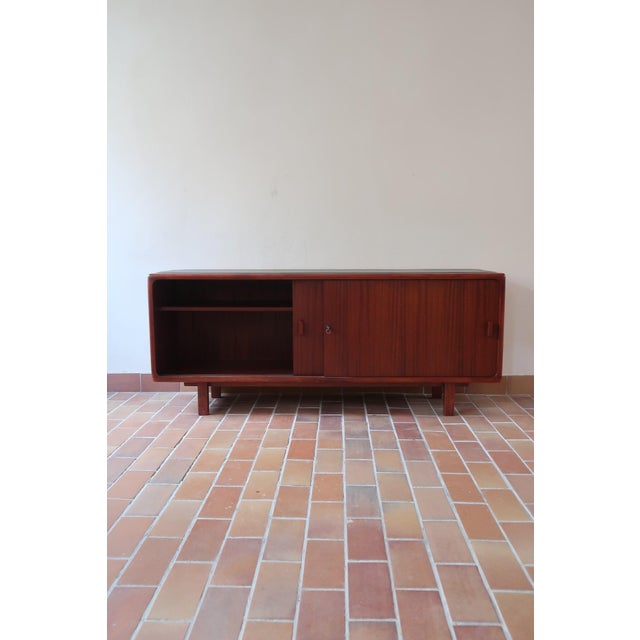 Teak Sideboard with Sliding Doors and Black Vinyl Top, 1970s For Sale - Image 6 of 18