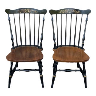 Vintage L Hitchcock Stenciled Fan Top Windsor Dining Chairs in Black & Harvest Maple - a Pair For Sale