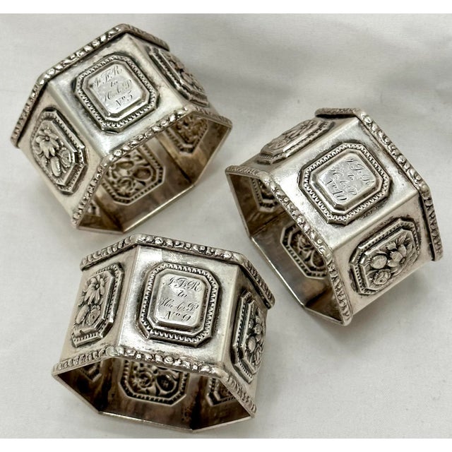 Mid 19th Century Matching Set of 3 Antique American Coin Silver Napkin Rings by Philadelphia Maker Leonard & Wilson - Circa 1850s For Sale - Image 5 of 12