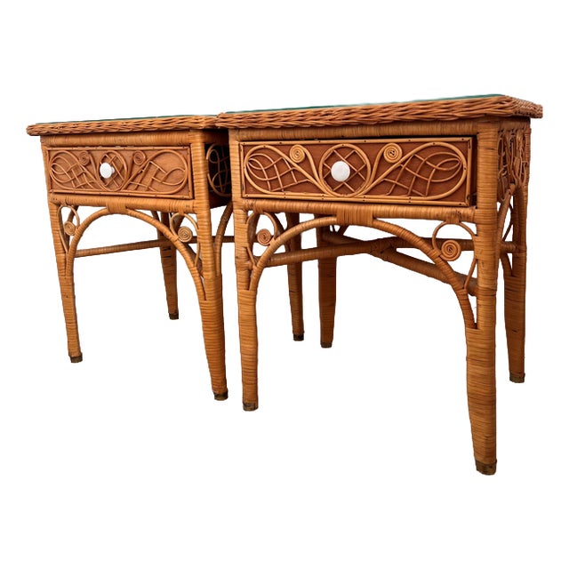 Ornate Wicker Bedside Tables, Set of 2 For Sale