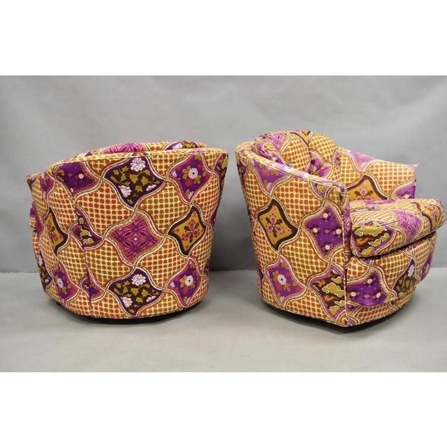 Vintage John Stuart Mid Century Modern Purple and Brown/Orange Lattice Floral Print Barrel Back Club Lounge Chairs - a...