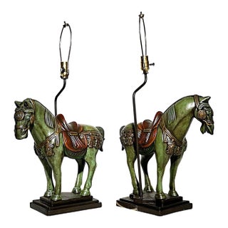 Pair of Monumental Tang Dynasty–Style Horse Lamps – Hollywood Regency Vibes For Sale
