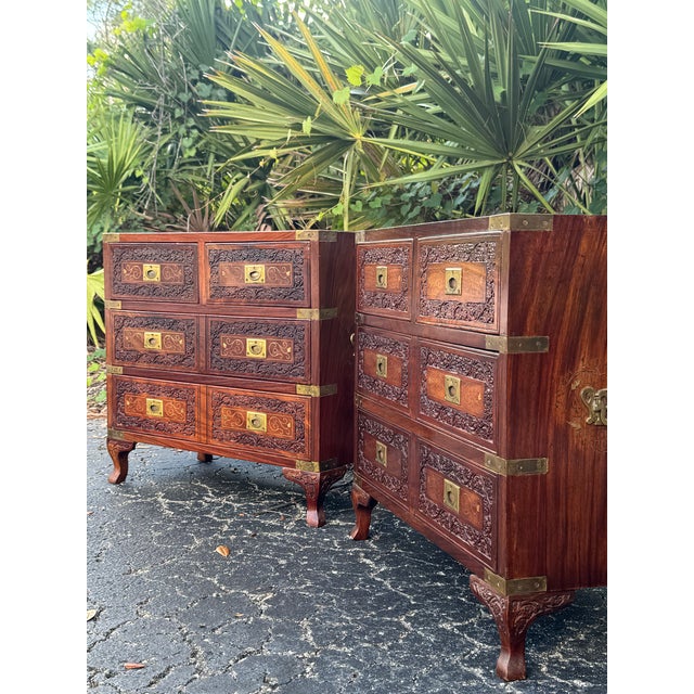 Wood Pair of Anglo-Indian Style Carved Rosewood Campaign Chests With Brass Inlay For Sale - Image 7 of 7