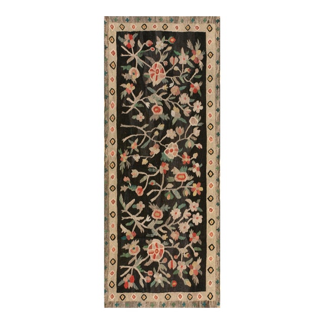 1900s Black Floral Antique European Besserabian Rug 3'0" X 7'3" Handwoven Wool Carpet For Sale