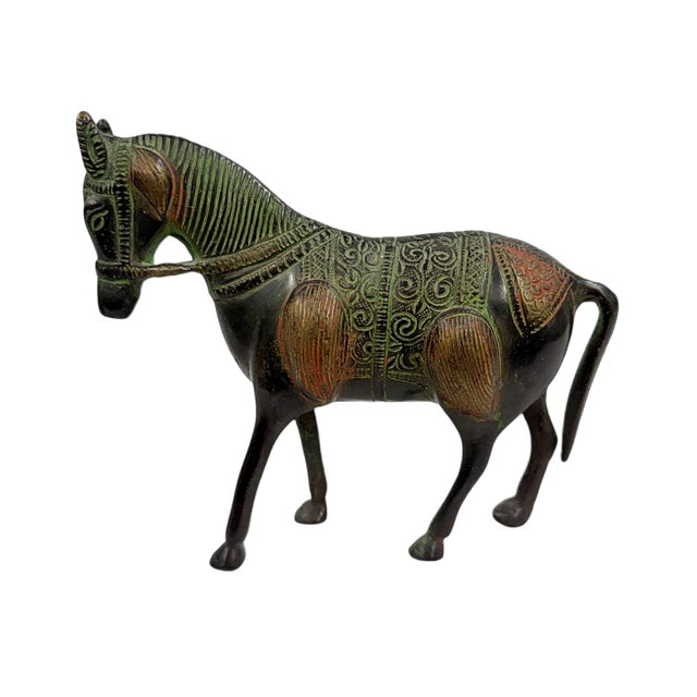 Vintage Mid-Century Indian Hand-Cast Brass Horse Figurine w/Etched Verdigris Details Enhance your shelves, desk, or mantle...