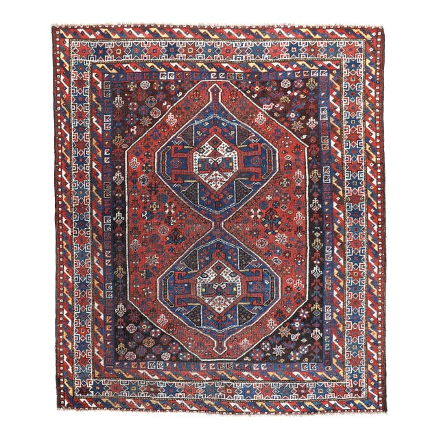 Antique Tribal Persian Rug With Geometric Medallions – Early 20th Century -5' 7'' X 6' 7'' For Sale