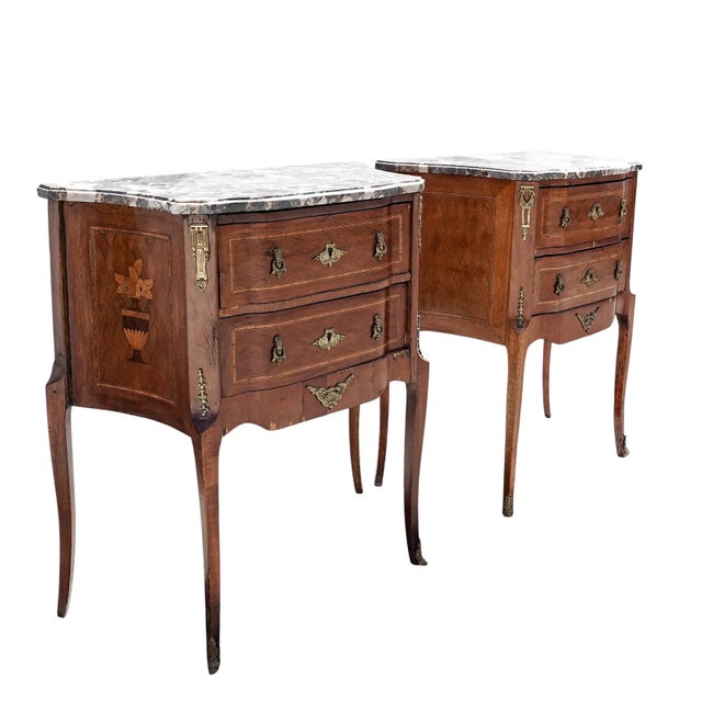 Pair of Antique Marble Top French Louis XV Style Nightstands For Sale - Image 4 of 4