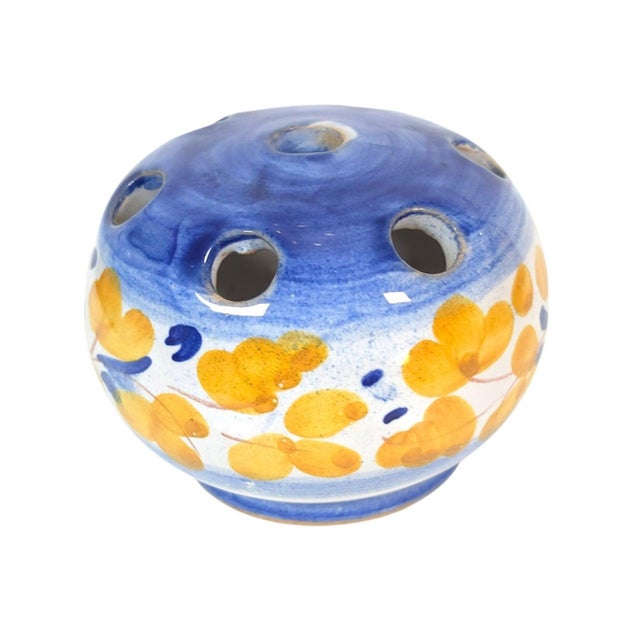 Vintage Italian Hand-Painted Blue & Yellow Floral Ceramic Flower Frog Bud Vase For Sale In Los Angeles - Image 6 of 13