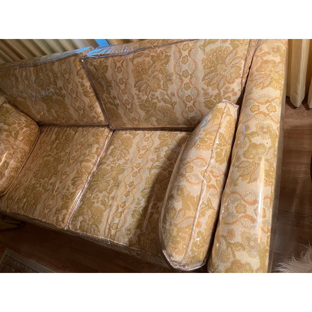 Sage, mustard, and cream floral print tuxedo style sofa set that has been kept in plastic for 50+ years. The listing...