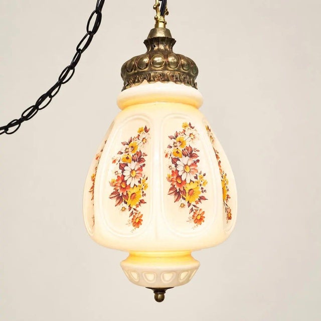 Unique Vintage Swag Lamp with Brown and Cream Floral Flower Pattern Design, 20"H overall provides accent lighting great...