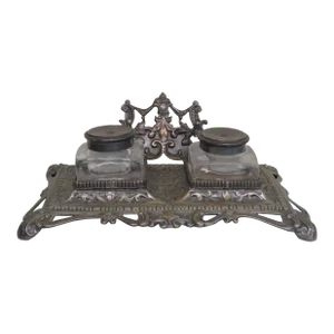 Victorian Late 1880s Metal Double Inkwell 4165b