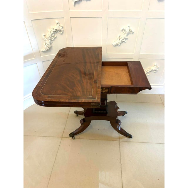 Hollywood Regency Antique English Regency Mahogany Brass Inlaid Fold-Over Console Card Table, 1830 For Sale - Image 3 of 18