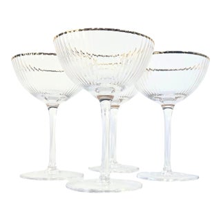 Mid 20th Century Gold Rimmed Ridged Hollywood Regency Champagne Coupes- Set of Four For Sale