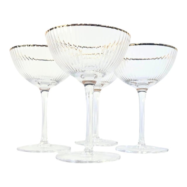 Mid 20th Century Gold Rimmed Ridged Hollywood Regency Champagne Coupes- Set of Four For Sale