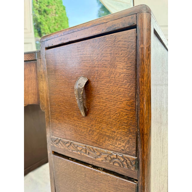1930's Art Deco Oak Mirrored Vanity With Beveled Arch Mirror For Sale - Image 10 of 16