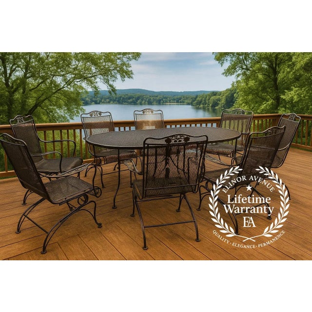 Mid-Century Modern Attributed to Russell Woodard Wrought Iron Eight Chair Family Patio Set For Sale - Image 3 of 17