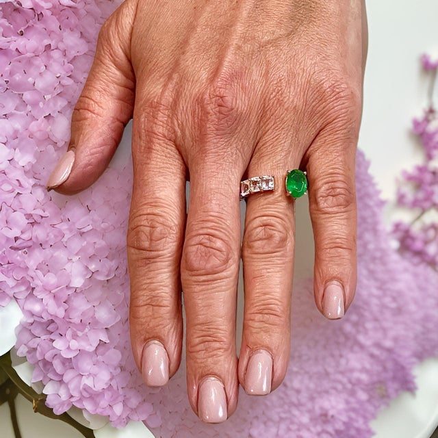 Natural Emerald and White Sapphire Ring 6.5 14k Y Gold 4.05 TCW Certified For Sale - Image 9 of 18