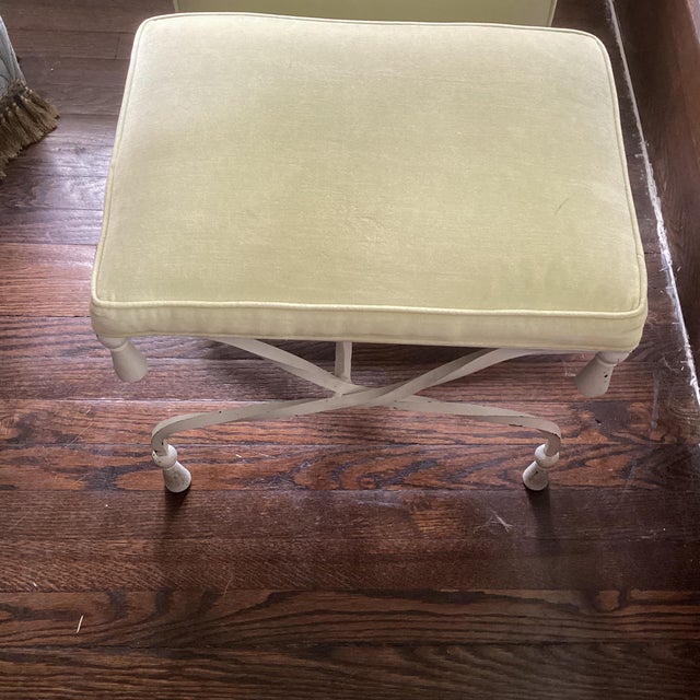 1970s Vintage Wrought Iron Velvet Cushioned Faux Tassel X Benches For Sale - Image 5 of 5