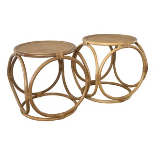 Pair of Vintage Thonet-Style Bentwood Rattan Rounded Side Tables For Sale