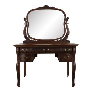 Antique Mahogany Five Drawer Mirrored Vanity With Brass Hardware by Widdicomb For Sale