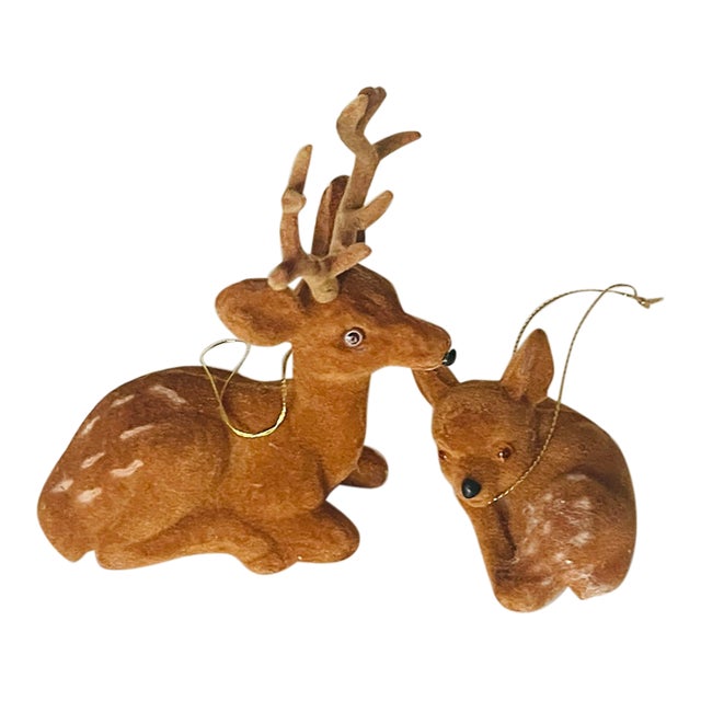 Vintage Reindeers Pair Plush Christmas Ornaments Figurines For Sale