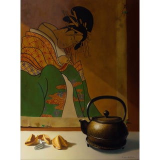 Tea and Cookies by Sarah van der Helm | Oil on panel Still life of a teapot and fortune cookies For Sale