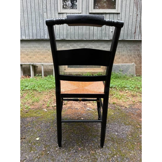 Mid 20th Century Set of 8 Hitchcock Style Black Painted Stenciled Dining Side Chairs With Rush Woven Seats For Sale - Image 14 of 15
