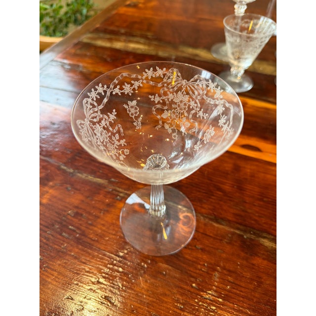 18-Piece Set of Vintage Fostoria Romance Pattern Etched Crystal Glassware With Flowers and Ribbon Designs For Sale - Image 13 of 14