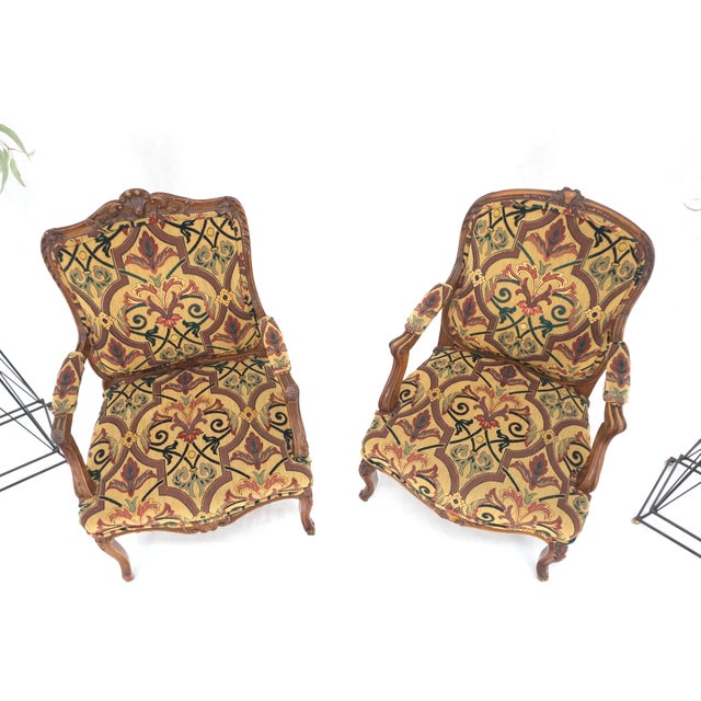 French Provincial Pair of His & Hers Finely Carved Walnut Country French Lounge Armchairs Tapestry For Sale - Image 3 of 16