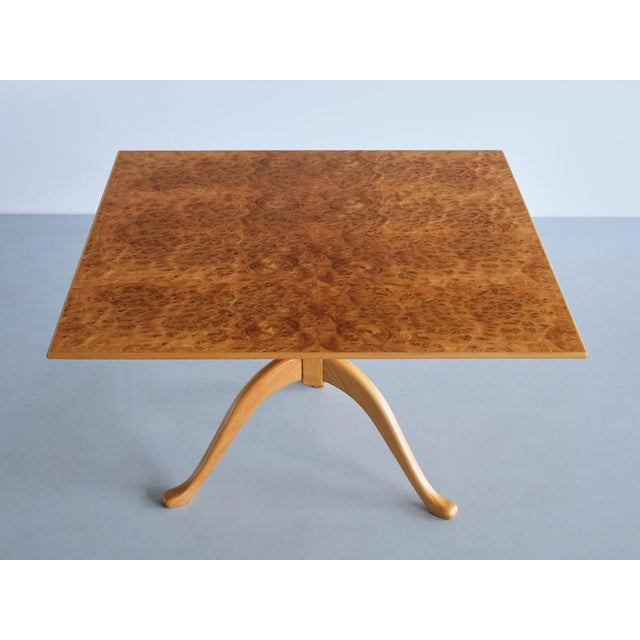 Three Legged Coffee Table in Burl Elmwood by Carl Malmsten for Carl Malmsten, Sweden, 1960s For Sale - Image 11 of 15